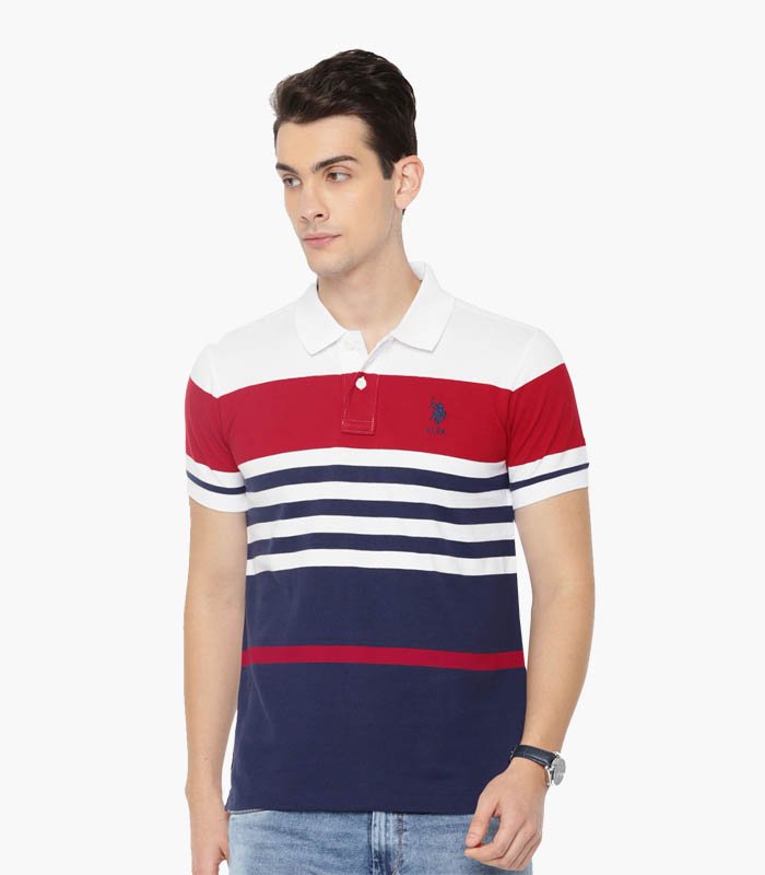 Men-White-Navy-Blue-Striped-Polo-T-shirt-1